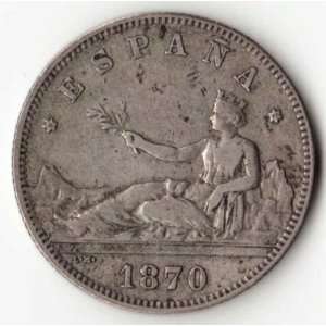 1870 Spanish 2 Pesetas Silver Coin   VF/Extra Fine 