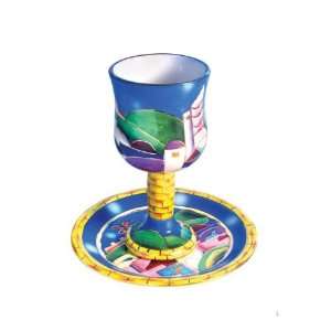 Ceramic Kiddush Stemmed Wine Goblet & Coaster Jerusalem Design