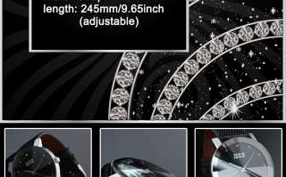 mens Classic new black leather fashion crystal Elegant quartz wrist 