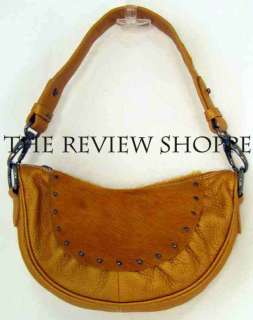 Berge Small Studded Faux Pony Hair Leather Hobo Purse Bag Butterscotch 