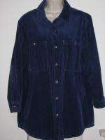Roamans Dark Royal Blue Soft Corduroy Button Front Tunic Shirt Top 