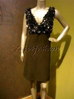   Sequin Beaded Bodice Black Velvet Brown Green Wool Dress 8 42  
