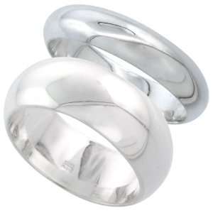 Sterling Silver High Dome Wedding Band Ring Set His and Hers 5 mm + 8 