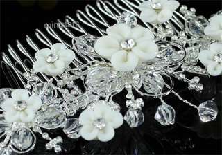 Bridal White Clay Ceramic Flower Crystal Handmade Hair Comb T1456 