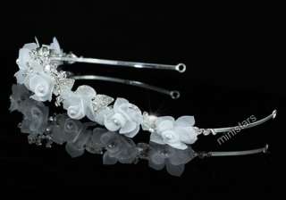 Bridal Handmade White Fabric Crystal Rose Headband Tiara T1469  