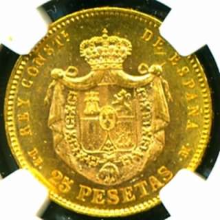 1878 ( 78 ) SPAIN GOLD COIN 25 PESETAS * NGC * SCARCE  