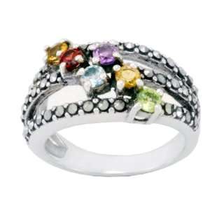 Sterling Silver Marcasite and Triple Row Multi Colored Gemstone Ring 