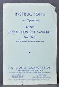 Lionel Remote Control Switches No. 022 instructions she  