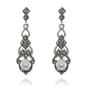   Sterling Silver Marcasite and Clear Glass Long Drop Earrings: Jewelry