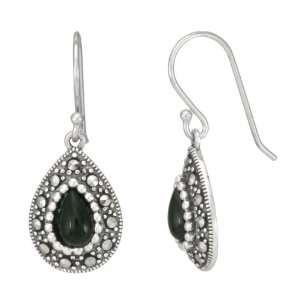 Sterling Silver Marcasite Onyx Teardrop Earrings: Jewelry