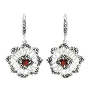    Sterling Silver Marcasite Garnet Flower Drop Earrings Jewelry
