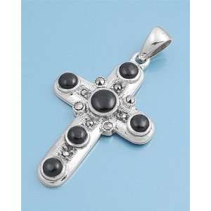   Sterling Silver & Black Onyx Round Cross Marcasite Pendant Jewelry