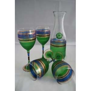  Hudson River 4 Wine Glasses with Carafe (Green and Blue 