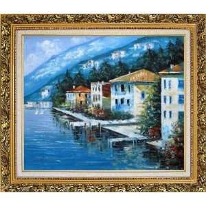  Scenc Coastal Town Oil Painting, with Ornate Antique Dark 