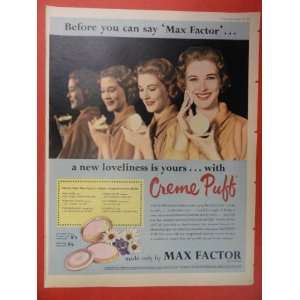  Max Factor creme puff , 50s Print Ad.(woman putting on make up 