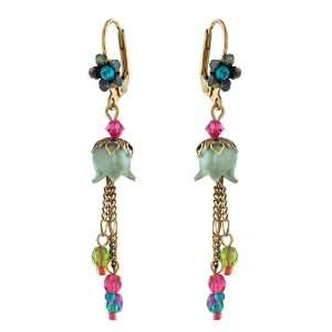 Michal Negrin Dangle Earrings with Hand Painted Lilys, Beads and Blue 