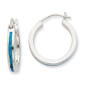   Jewelry Gift Sterling Silver Created Blue Opal Inlay Hoop Earrings