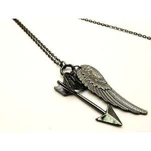  Angel Wing, Heart, Arrow Cupid Necklace Gunmetal 