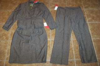 By Larry Levine Brown Tweed 3pc Suit Skirt Pants Jacket Size 12 Petite 
