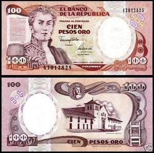 Colombia P 426 100 Pesos Oro Year 1991 Unc. Banknote  