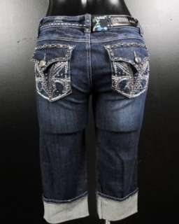 NWT Womens LA IDOL Jeans CAPRI with Crystals & Whip Stitched Fleurs 