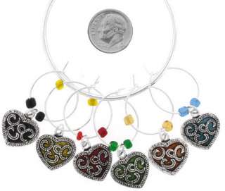   Beautiful Colorful Silver Filigree Wine Glass Charms Markers Set of 6