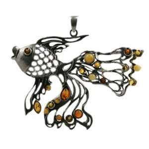   Amber and Sterling Silver Fish Pendant Ian and Valeri Co. Jewelry
