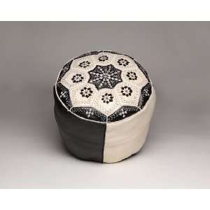  Black & White Moroccan Leather Pouf Ottoman, Unstuffed 