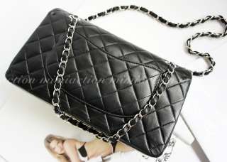 Auth Chanel black quilted lamb classic 2.55 bag SLIVER HW handbag 