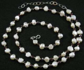 White Baroque Pearl Faceted Red Garnet Necklace .925 Sterling Silver 