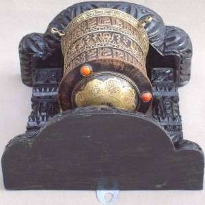 Tibetan auspicious PRAYER WHEEL on carved wood stand  