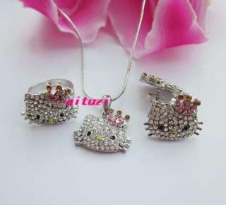 Hello kitty crown ring earring necklace 3 item set M5  