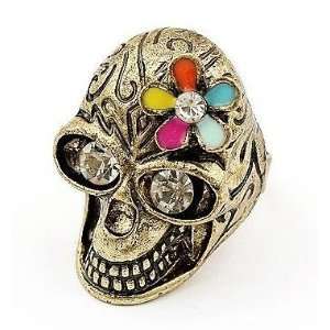 Skull Ring with Multi Colored Flower and Crystal