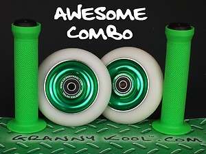   White Metal Core Scooter Wheels inc ABEC 11 + Green Grips + Green Tape