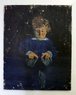 Early 1940s Oil Painting Anonymous Weird Creepy Dark Boy Subject 