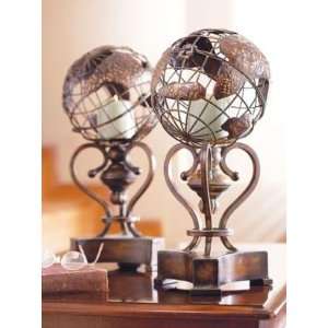    Set of 2 Rustic Globe Replica Pillar Candle Holders