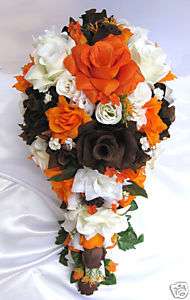 21pc Bridal bouquets wedding flowers ORANGE / BROWN  