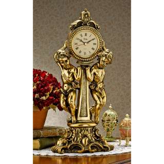 French Rococo Baby Angel Cherubs Goldtoned Mantle Shelf Clock Statue 