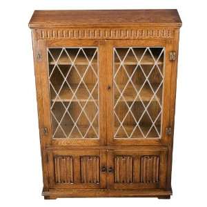  Antique English Oak Linenfold Glass Bookcase: Furniture 