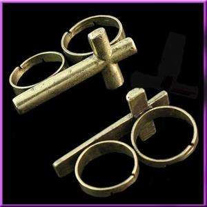 Adjustable Retro Silver Two Fingers Double Cross Ring  