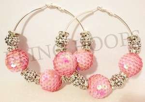 NEW Bling Hoops Pink Sequin Rhinestone Earrings Basketball Wives 