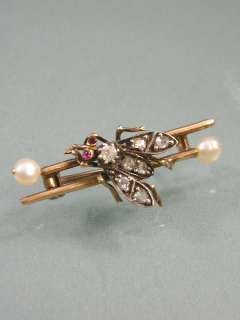 VICTORIAN GOLD SILVER DIAMOND PEARL RUBY FLY INSECT MOUNTED ON BAR 