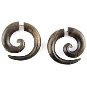  Hand Carved Dark Sono Wood Steel Ear Base Spiral Earrings 