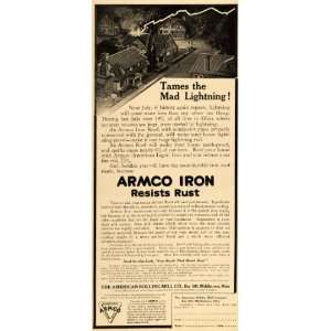  1915 Vintage Ad Armco Iron Roof Lightning Strike House 