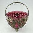 Antique Cranberry Glass Sugar Bowl with Metal Frame c3  