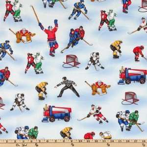  44 Wide Face Off Hockey Players Blue Fabric By The Yard 