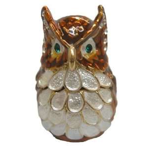 Miniature Bejeweled Enameled Cute Brown Owl Trinket Box Size 1 X .5 