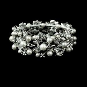 Bridal Crystal Wedding Pearl Antiqued Stretch Bracelet  