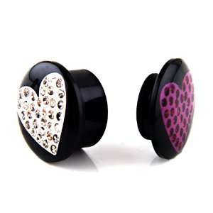 6g (4mm) Acrylic Ear Plugs   Black with White & Purple Heart Design 