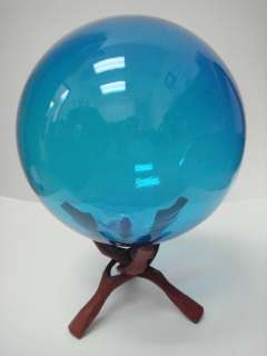 OCEAN BLUE GLASS FLOAT FISHING BALL WITH WOOD STAND 12 F 1028A  